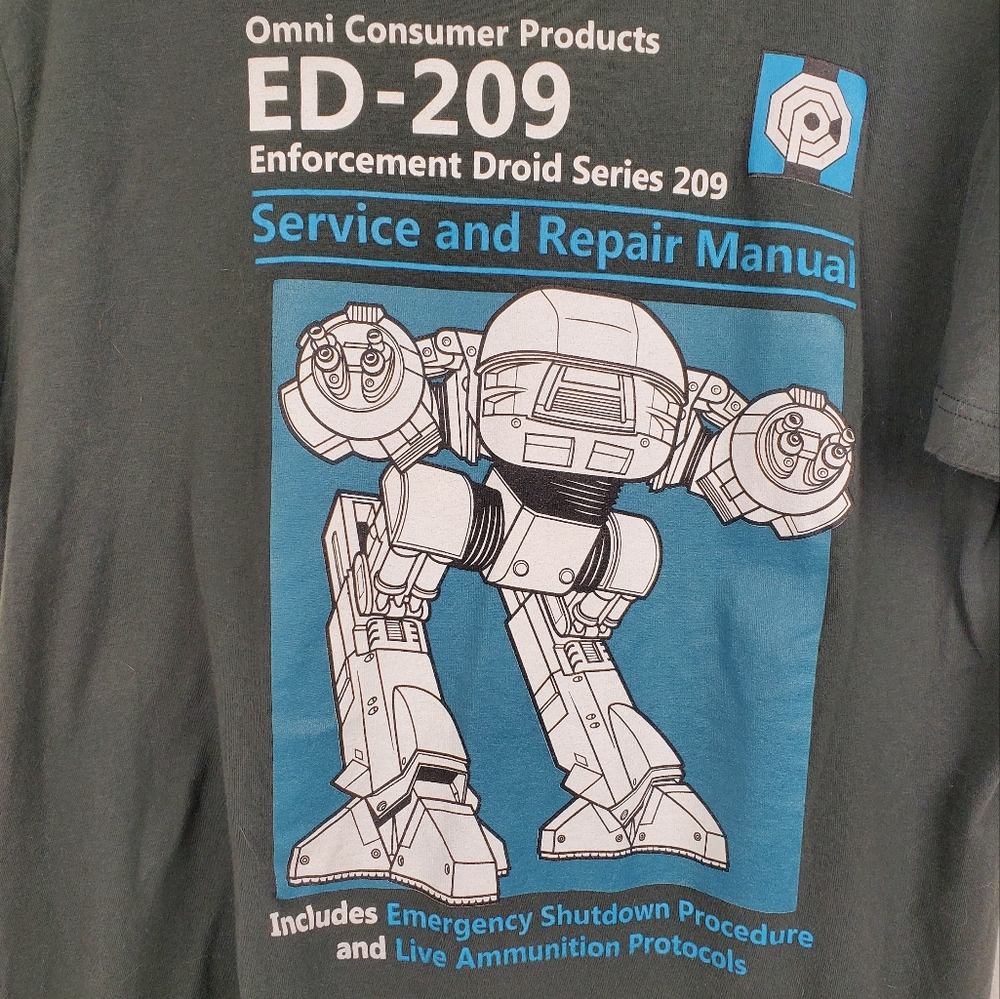 TEE VILLAIN ED-209 Droid Repair Manual Tee Shirt Sz Large Men's Gray Sci-Fi